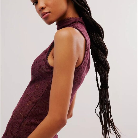 Free People NWT Purple Lace Slim Relaxed Hip Length High Neckline Keyhole Tank - Picture 3 of 10
